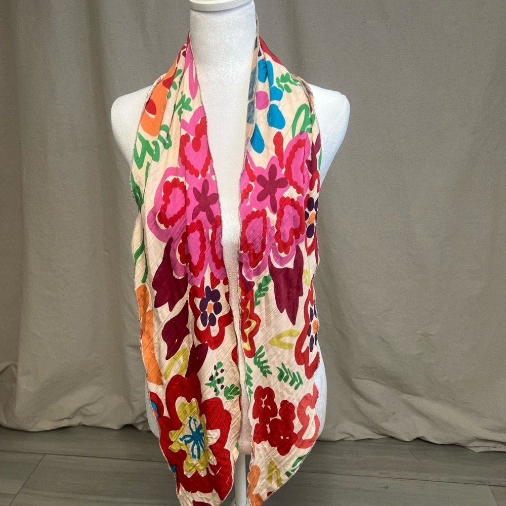 Floral Scarf Plissé Pleated Neck Wrap‎ Multicolor Bold Flower Print Sz OS Boho